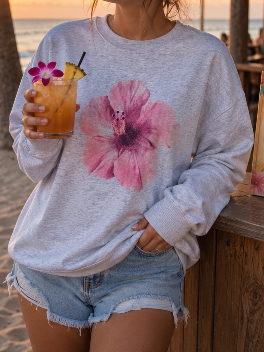 Hollister Gray Crewneck Sweatshirt with Pink Floral Graphic
